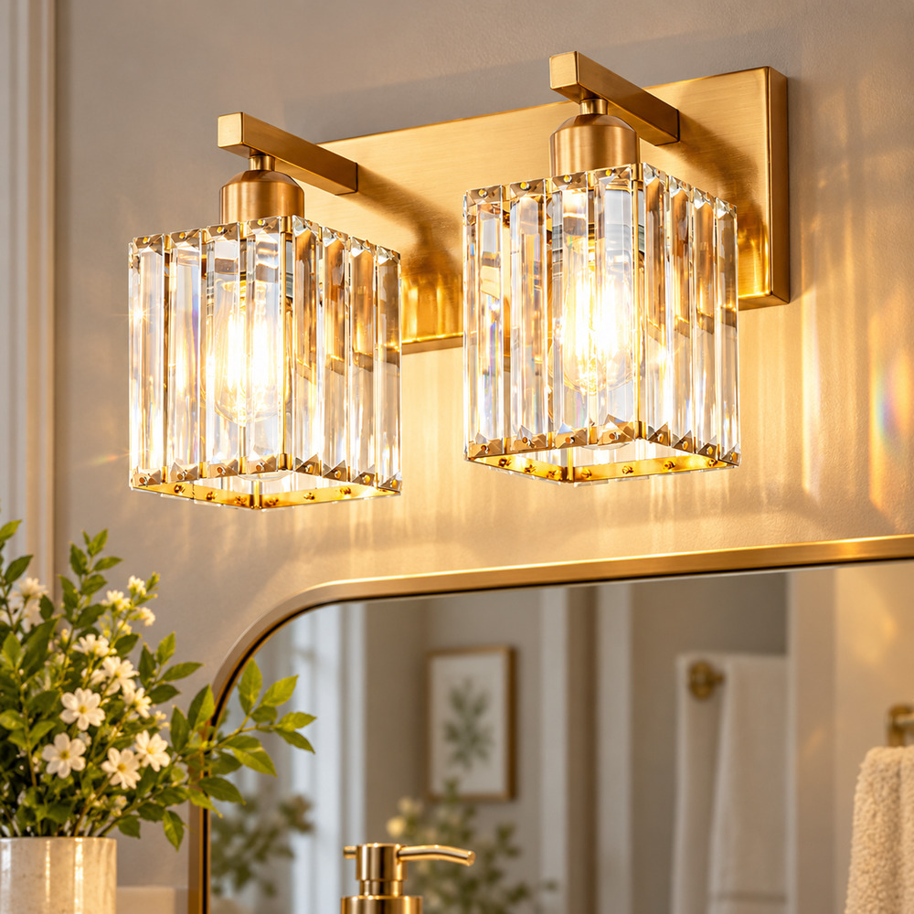 2-Light Gold Crystal Bathroom Vanity Light – Modern Wall Sconce